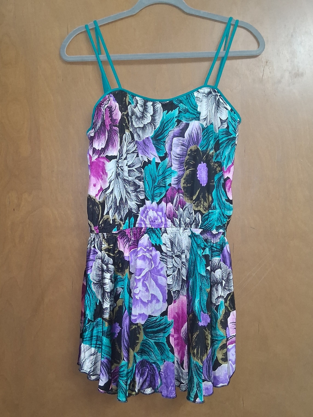 1970s DeWeese Swimsuit Dress Teal Purple Pink Floral One Piece Sundress Size 12